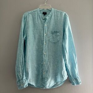 J.Crew Womens Aqua Blue 100% Linen Button Up Shirt Size M Coastal Preppy
